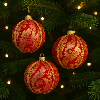 Three Laksh Baubles in bright red with gold brocade and trim hanging from a Christmas tree with warm fairy lights and lush green branches.