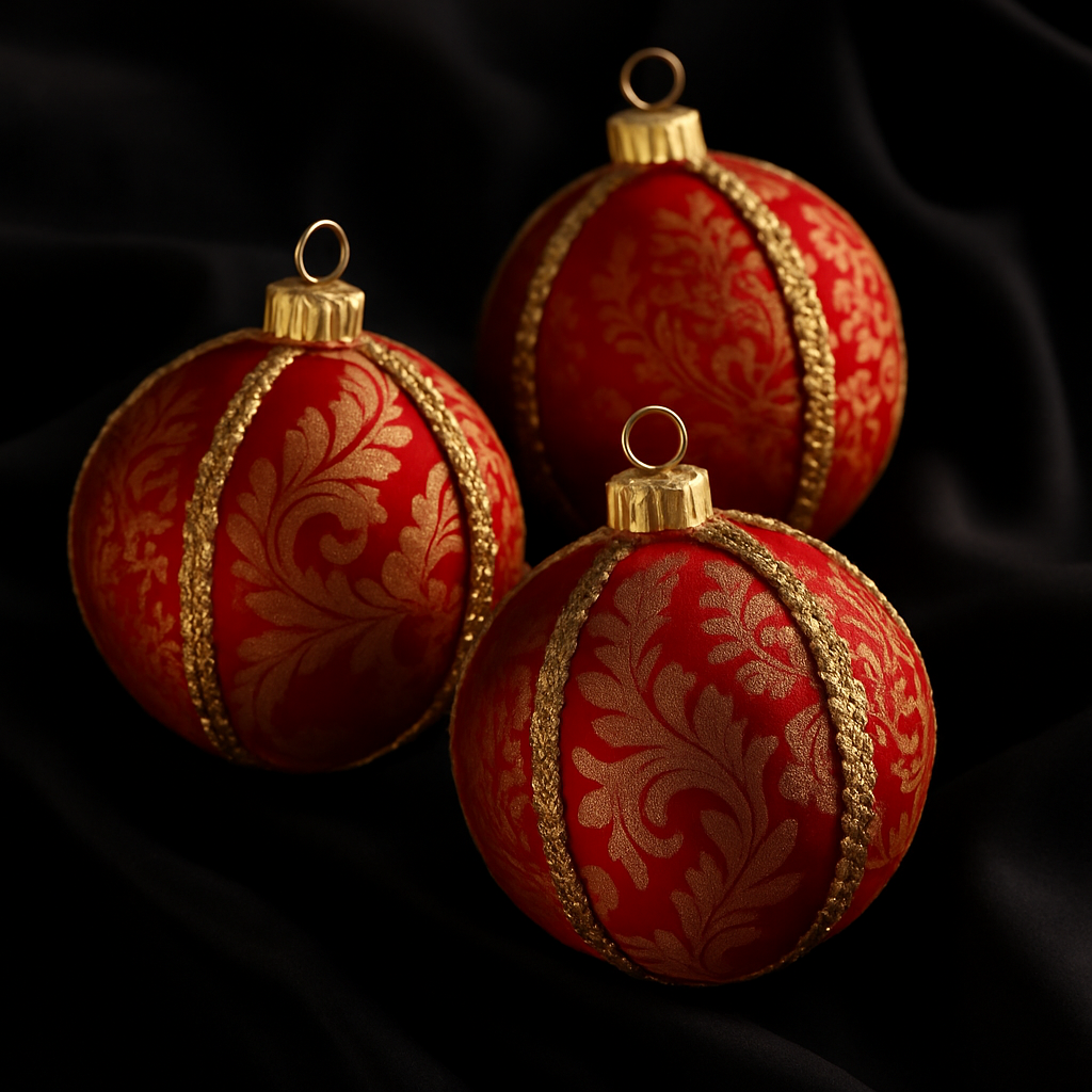 Three red and gold brocade baubles with gold trim arranged on black velvet fabric in a luxurious, high-contrast flat lay.