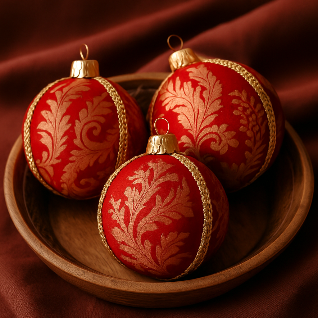 Three Laksh Baubles in bright red and gold brocade resting in a carved wooden tray with soft velvet and warm directional lighting.