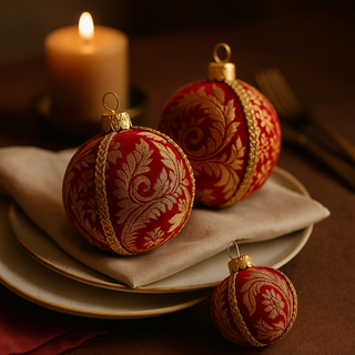Two red and gold brocade baubles styled on a festive table setting with soft linen, gold flatware, and a candlelit glow.