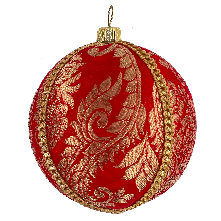 Single Laksh Bauble in bright red fabric with gold brocade and gold trim, photographed on a clean white background with a metallic hanging cap.