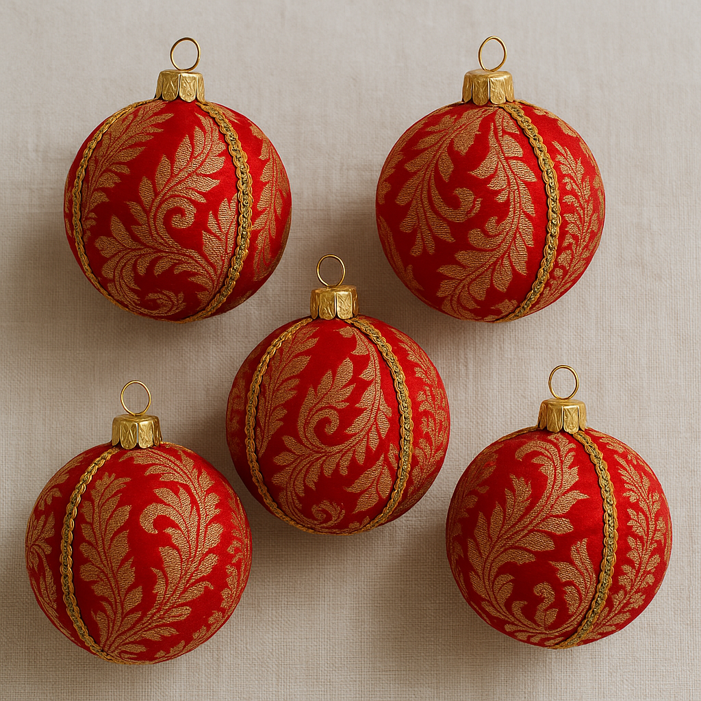 Set of Laksh Baubles in red and gold, luxury handmade fabric ornaments