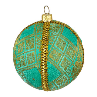 Close-up of the Lakshmanji Bauble in 8cm, featuring light turquoise fabric with a gold brocade pattern and detailed gold trim.
