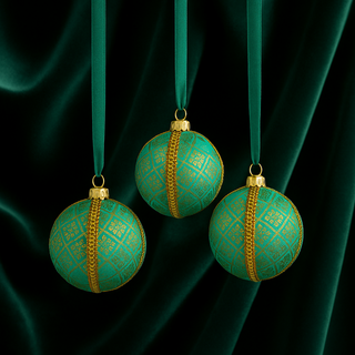 Three turquoise and gold Lakshmanji Baubles hanging from green satin ribbons against a backdrop of emerald velvet, showcasing their rich detail in a luxurious setting.