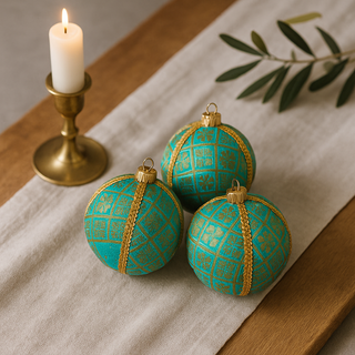 Set of Lakshmanji Baubles in soft blue and gold, luxury handmade fabric decorations.