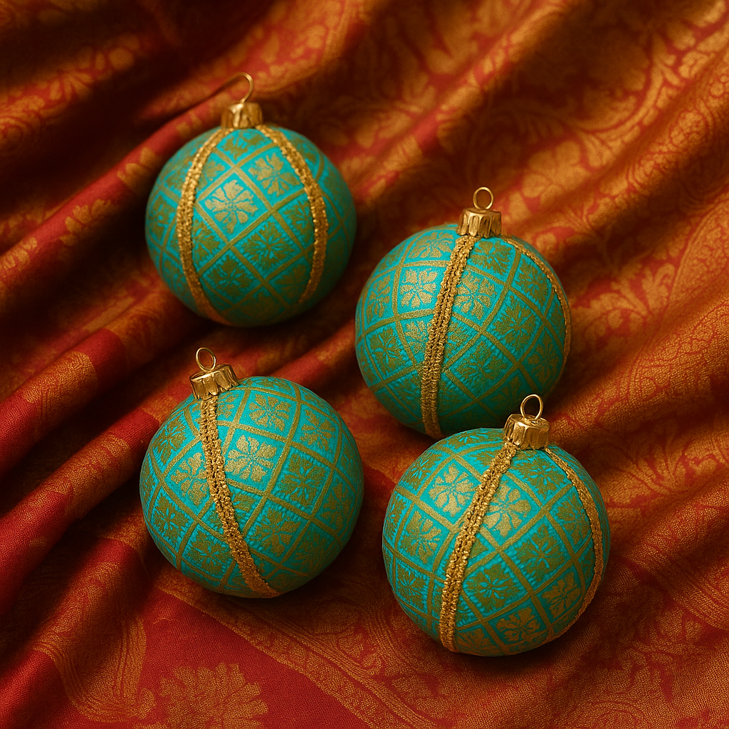 Lakshmanji Bauble DIY kit with fabric panels and gold trim, eco-friendly craft kit.