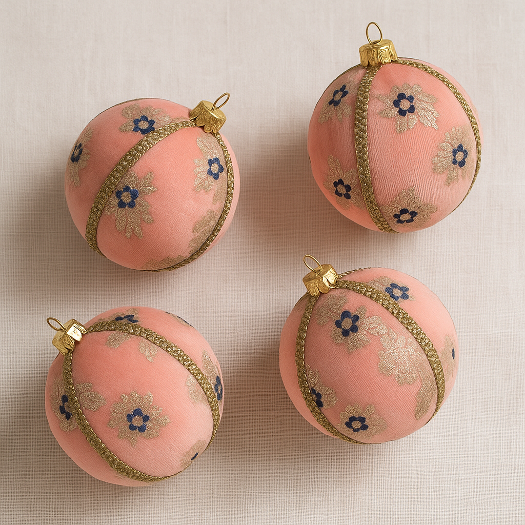 Lalika Bauble – 8cm & 10cm pink brocade ornament with gold and navy floral motifs, handmade in the UK.