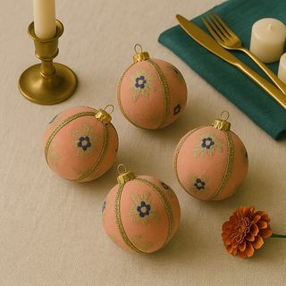 Close-up of Lalika Bauble showing soft pink fabric with gold and navy floral details.