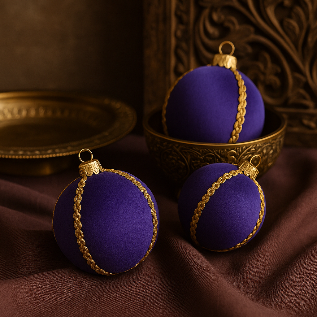 Purple velvet baubles with gold trim styled in an antique brass bowl with carved wood detailing and warm, earthy decor