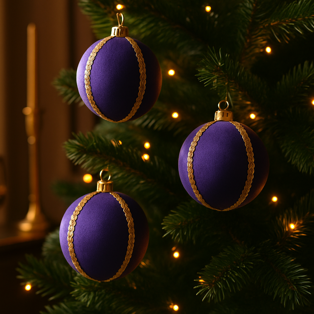 Purple velvet baubles with gold trim hanging on a decorated Christmas tree, softly lit with warm fairy lights and surrounded by rich green pine branches.