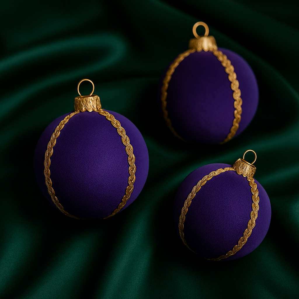 Three purple velvet baubles with gold trim arranged on deep green satin fabric in a luxurious flat-lay editorial composition.