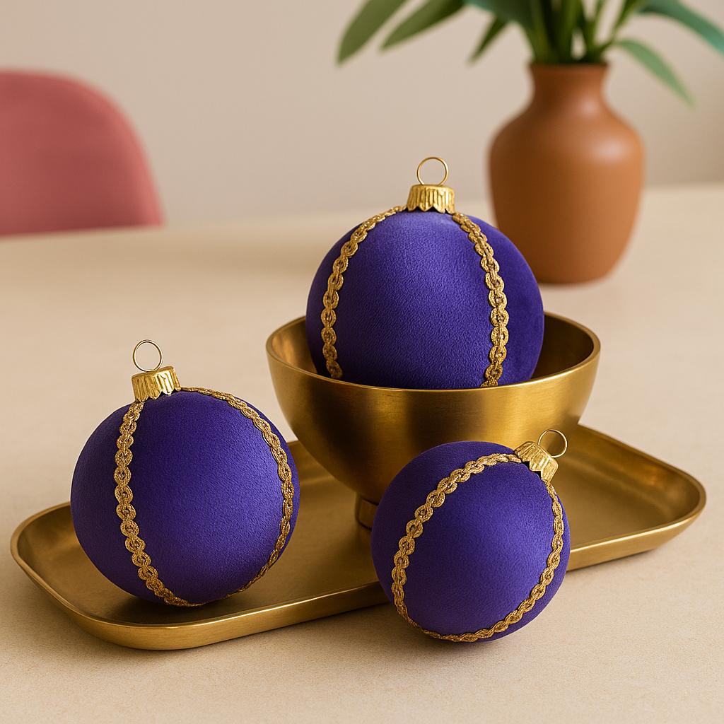 Purple velvet baubles with gold trim arranged in and around a brass bowl on a minimalist table, styled with a terracotta vase and soft natural lighting.