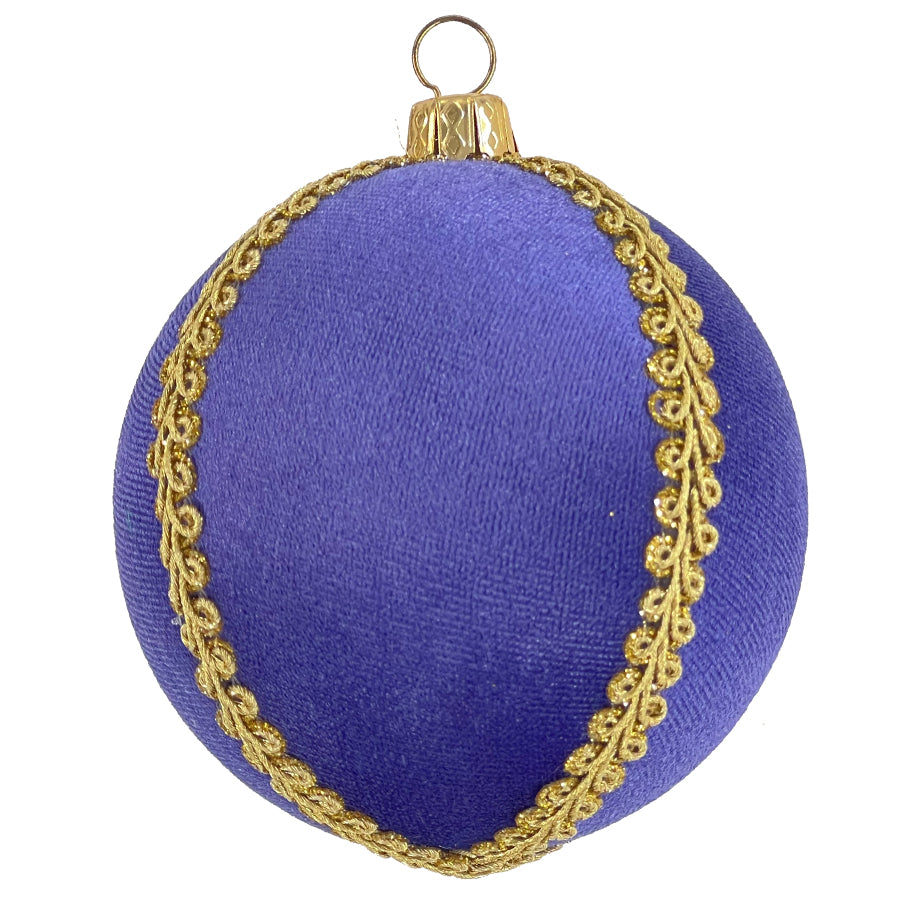 Single purple velvet Christmas bauble with gold trim and embossed cap, photographed on a clean white background