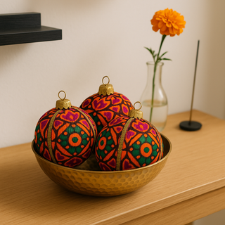  Three 8cm Mahika Baubles nestled in a hammered brass bowl on a light wood console, accented by a marigold in a vase for a subtle Indian-inspired luxe home decor look.