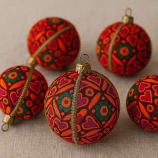 Close-up of Mahika Bauble showing bold psychedelic embroidery in orange, green, and magenta.