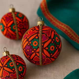 Set of Mahika Baubles in vibrant colours with metallic gold trim, handmade decorations.