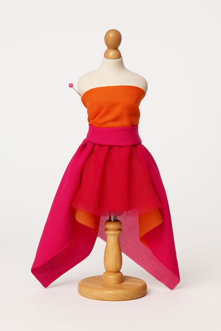 Side angle of a Mashquin mannequin styled in vibrant blush-toned fabrics from the Blush and Bloom booster — rich in texture and colour.