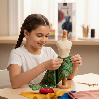 Child designing fabric outfit on Mashquin tabletop mannequin fashion design kit for children