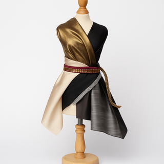 Side view of Mashquin mannequin styled in Golden Hour pack fabrics — featuring layered metallics, black and champagne tones.