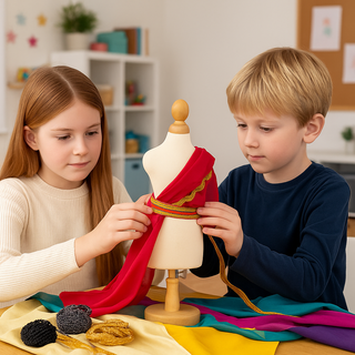 Two children designing a dress on a Mashquin mannequin in a bright craft room, surrounded by colourful fabric, trims, and creative tools.