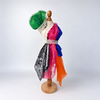 Outfit styled on a Mashquin mannequin using Rainbow Kaleidoscope fabrics and trims