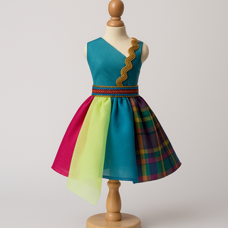 Another Mashquin mannequin styled with rainbow trims and bold mixed fabrics from the Rainbow Kaleidoscope booster pack.