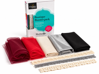 Mashquin Ruby Nights booster pack box with ruby, burgundy, black, grey satin and cream fabrics and lace trims