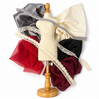 Flat lay of Ruby Nights fabrics in ruby red, burgundy, black, grey satin and cream with cream lace and grey crochet trims