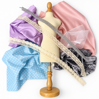 Flat lay of Sherbet Swirl fabrics in blush pink, lilac, blue polka dot, silver and white mesh with lace and crochet trims