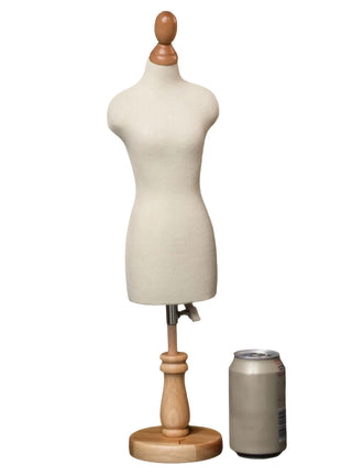 Mashquin tabletop fashion mannequin shown beside a drinks can for clear size comparison