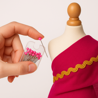 Mashquin mannequin with vibrant red fabric pinned neatly using dressmaking pins — ideal for fabric draping and fashion design play.