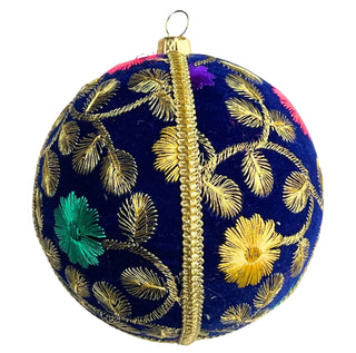 Mahir single bauble cut out. Mahir Bauble – 10cm handmade velvet ornament in deep navy with jewel-toned floral embroidery, luxury sustainable décor.