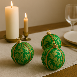 Nalin Bauble – 8cm & 10cm emerald green brocade ornament with gold leaf motifs and gold braid trim, handmade in the UK.