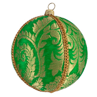 Close-up of the Nalin Bauble in vibrant green fabric with metallic gold floral brocade and detailed gold trim, finished by hand.