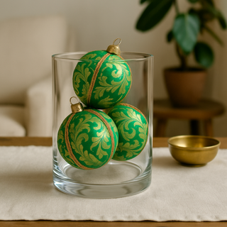 Set of Nalin Baubles in emerald and gold, luxury handmade decorations.