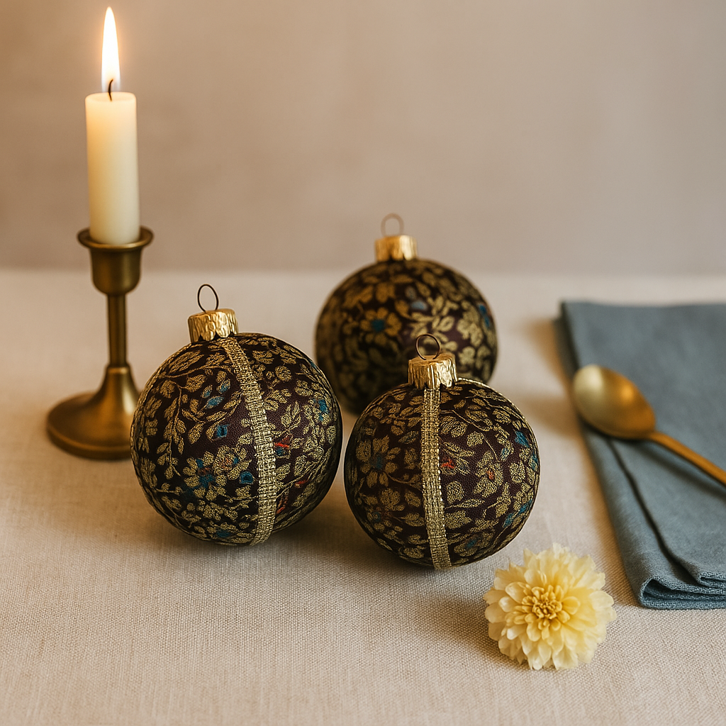 Neena Bauble – 8cm brown ornament with gold embroidery and multicolour accents, handmade in the UK.