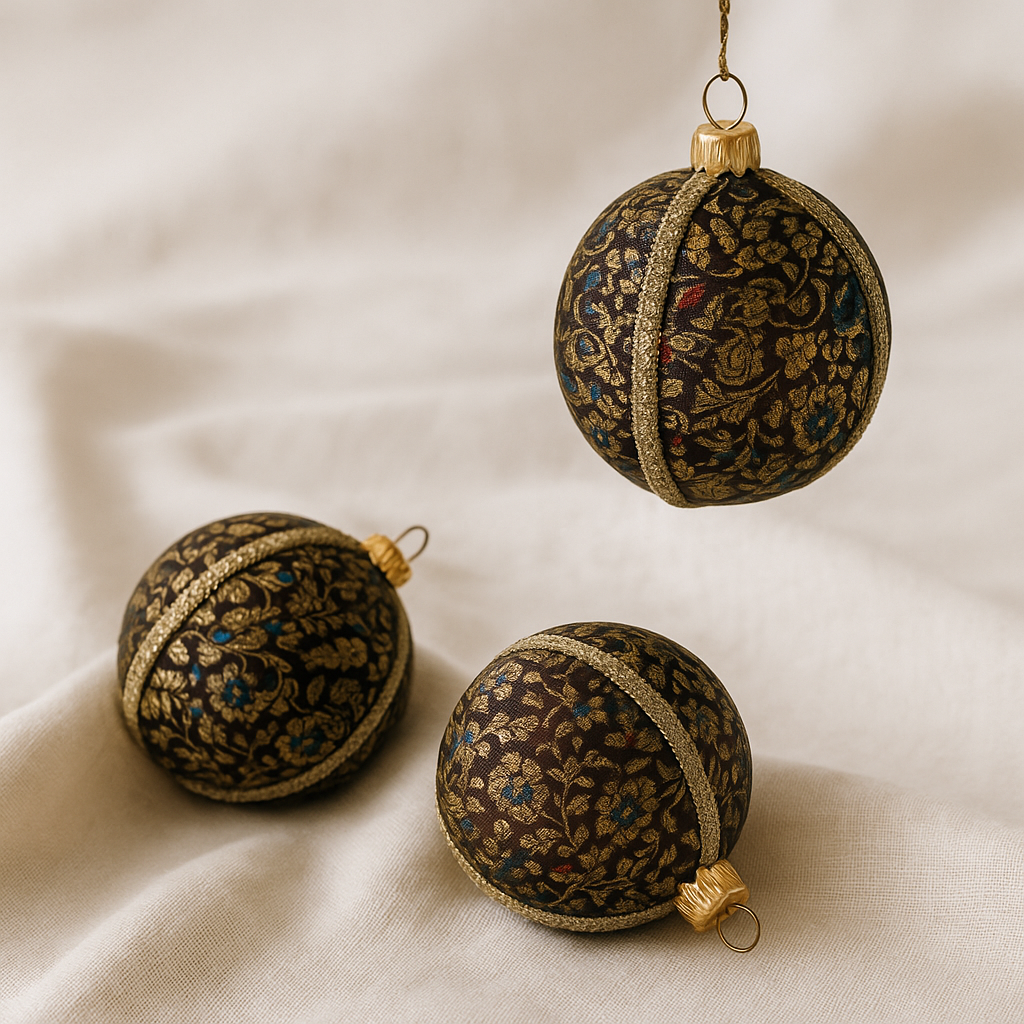 Close-up of Neena Bauble showing intricate gold embroidery on rich brown fabric.
