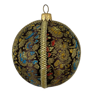 Close-up of the Neena Bauble in dark brown brocade fabric, featuring detailed gold, red, and blue floral motifs with gold trim.