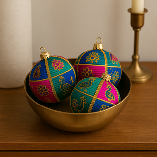Neesha Bauble – 8cm multicoloured fabric ornament with peacock and jhumka motifs, finished with gold trim, handmade in the UK.