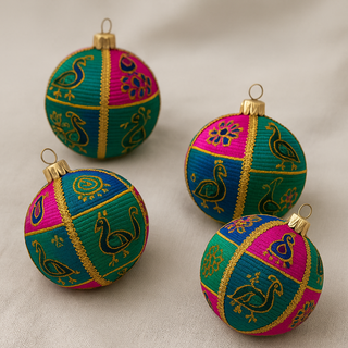 Close-up of Neesha Bauble showing embroidered peacock and jhumka designs in pink, green, blue, and yellow.