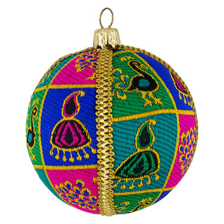 Close-up of the Neesha Bauble in vibrant embroidered fabric featuring peacocks, florals, and geometric motifs in bold magenta, teal, and gold.