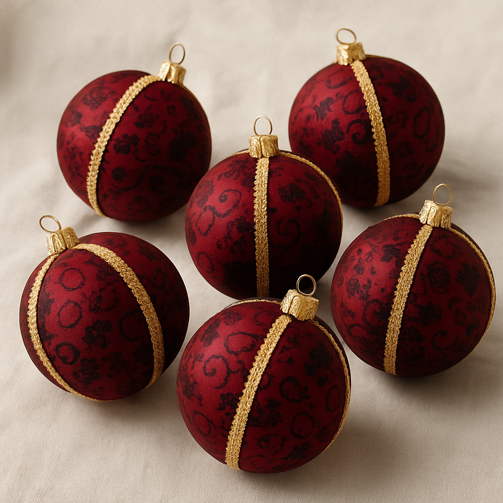 Nimit Bauble – 8cm & 10cm red and black floral brocade ornament with gold trim, handmade in the UK.