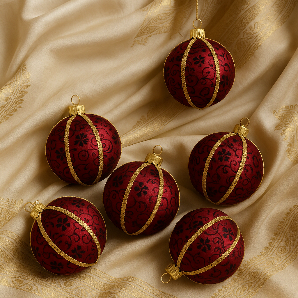 Close-up of Nimit Bauble showing intricate black floral brocade on deep red satin.
