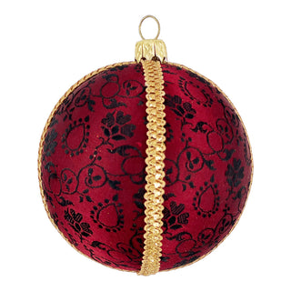 Close-up image of the Nimit Bauble showcasing its rich burgundy base, black damask pattern, and gold trim, highlighting its texture and craftsmanship.