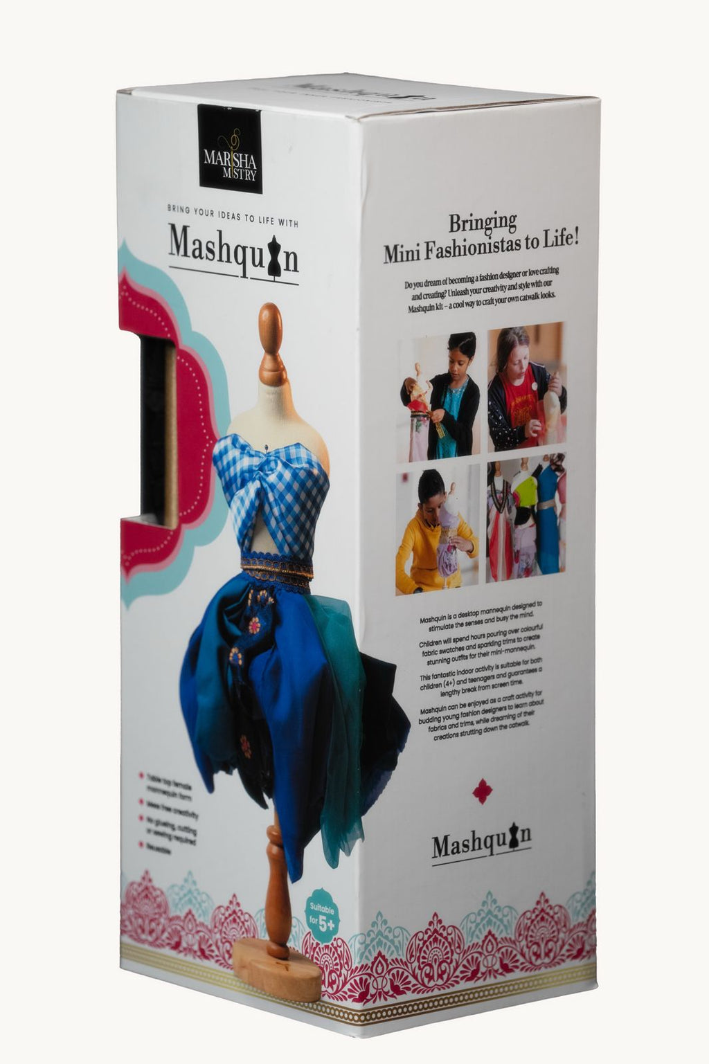 Video of unboxing the Mashquin kit showing the mannequin, fabric trims, and a dress being designed.
