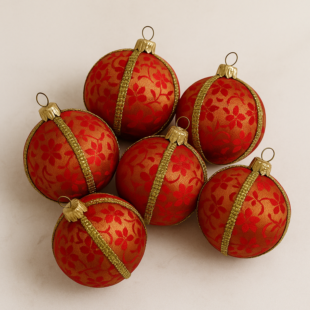 Raj Bauble – 8cm red and gold floral brocade ornament with metallic gold trim, handmade in the UK.