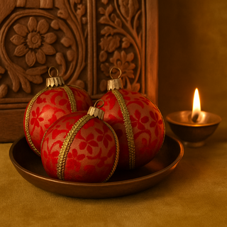 Three Raj Baubles arranged naturally on a brass tray with a carved wooden panel and diya in the background, styled with mustard tones and warm Indian-inspired lighting.