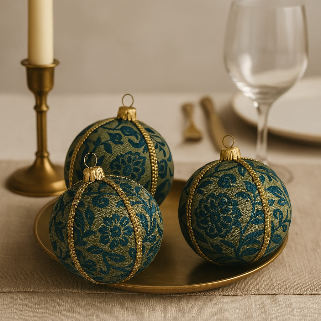 Ranbir Bauble – 8cm antique gold and turquoise floral brocade ornament with gold trim, handmade in the UK.