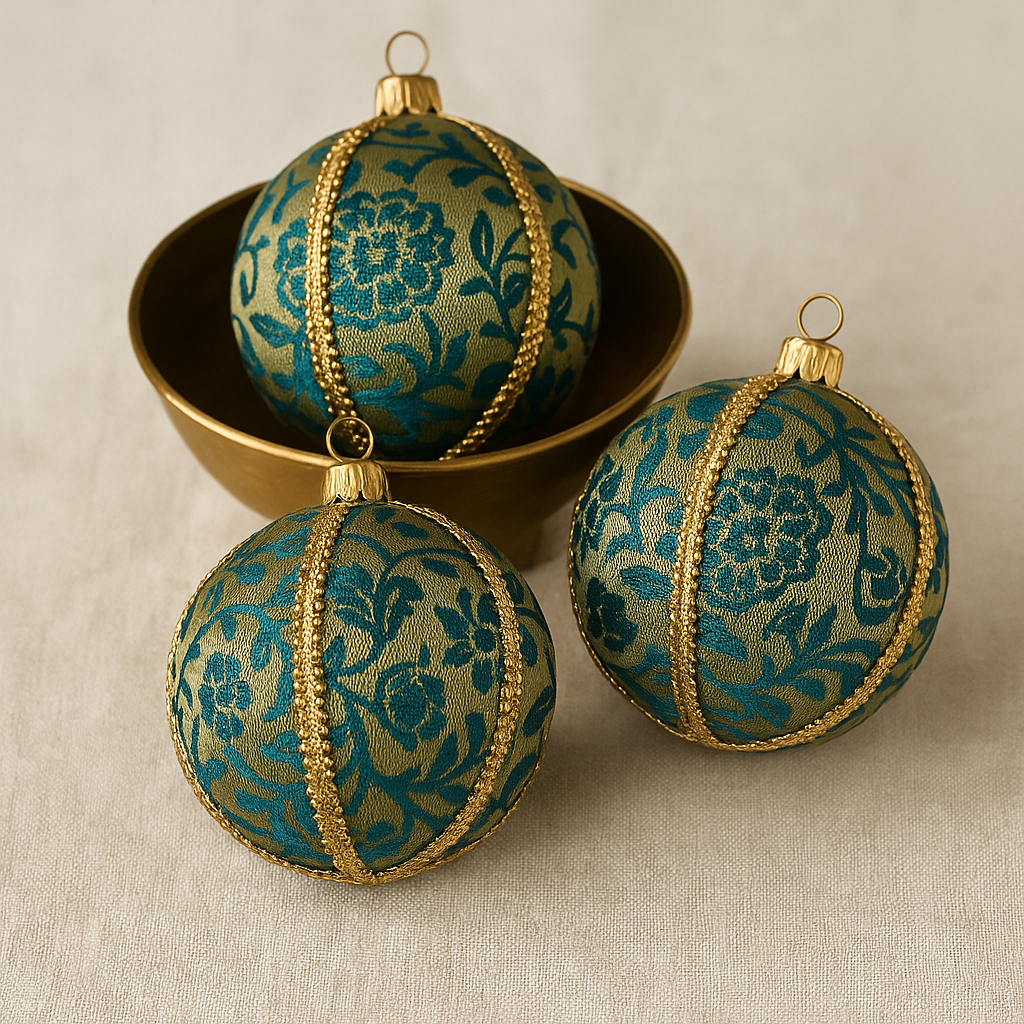 Close-up of Ranbir Bauble showing turquoise floral motifs on antique gold fabric.