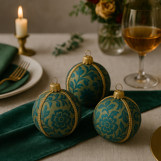 A luxury tablescape with three Ranbir Baubles placed off-centre on a deep green velvet runner, surrounded by warm candlelight, gold cutlery, and floral decor.